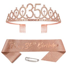 35th Birthday Crown and Sash Women's Crystal Queen Tiara Princess Crown Rose Gold Birthday Sash 35th Birthday Crown Woman Birthday Sash Women Birthday Decoration Birthday Gift