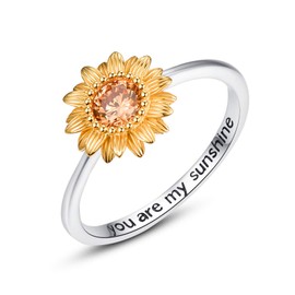 Rings for Girls Sunflower Ring Stackable Flower Ring 925 Sterling Silver Ring Summer Gift for Women Girls Engraving "You are My Sunshine" Gift for Her, Silver