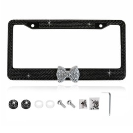 Fashion Black Frame White Bowknot Design Crystal License Plate Frames,Exclusive Car Bling License Plate Holder,Waterproof SUV Rhinestone License Plate Cover(1 Frame)