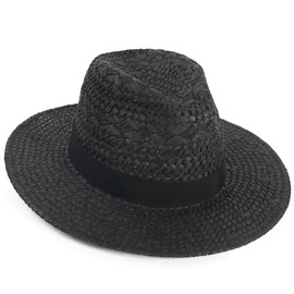 Men's Straw Fedora Hats Women Vented Panama Wide Brim Summer Beach Sun Hat (Black,L)