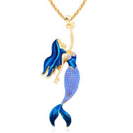 Uloveido Purple Blue Red Mermaid Necklace for Her Rose Gold Plated Long Chain Mermaid Jewelry Pendant Necklace for Women YS841 (Y1597-Blue)