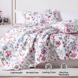 KASENTEX Twin Garden Style Quilt Set - Pink White Floral Boho Bedding, Lightweight Summer Comforter & Coverlet Set, Soft & Breathable with Pillow Shams