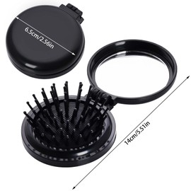 2pcs Folding Travel Mirror Hair Brushes Round Mirror Pocket Hair Brush Portable Mini Pop Up Hair Brushes for Women Girls Wet and Dry Hair (Black)