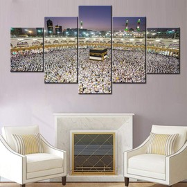 Religious Wall Picture Saudi Arabia Landscape Mecca Islamic Muslim Pilgrims Praying Painting on Canvas Quran Painting Contemporary Artwork for Home Decor Framed Ready to Hang Gifts(60Wx32H inches)