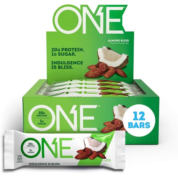 ONE Protein Bars, Almond Bliss, Gluten Free Protein Bars with 20g Protein and only 1g Sugar, Guilt-Free Snacking for High Protein Diets, 2.12 oz, 12 Count