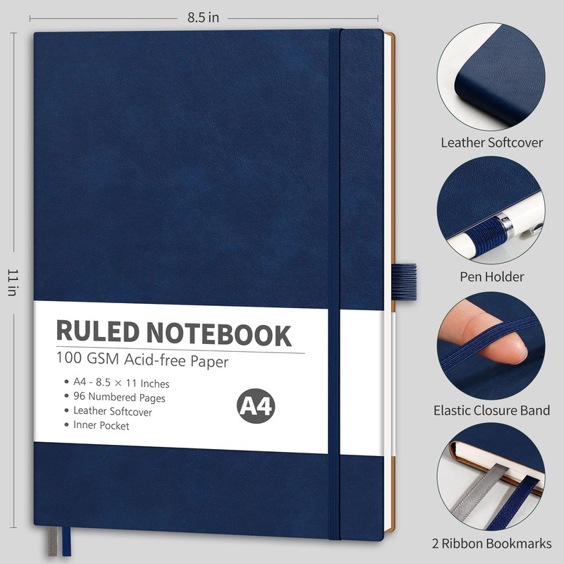 RETTACY Lined Journal Notebook, 96 Numbered Pages, A4 Large Size