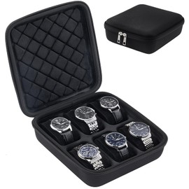 ProCase Travel Watch Case, 6 Slots Hard Shell Storage Box for Watch Bracelet Accessories, Zippered Organizer Bag for Women Men -Black