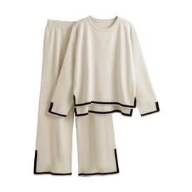 YOKGO Knit Lounge Sets for Women Petite Long Sweater Pajama Sets Sweatsuits 2 Piece Sets Casual Tracksuit Travel Outfits, Beige, Small