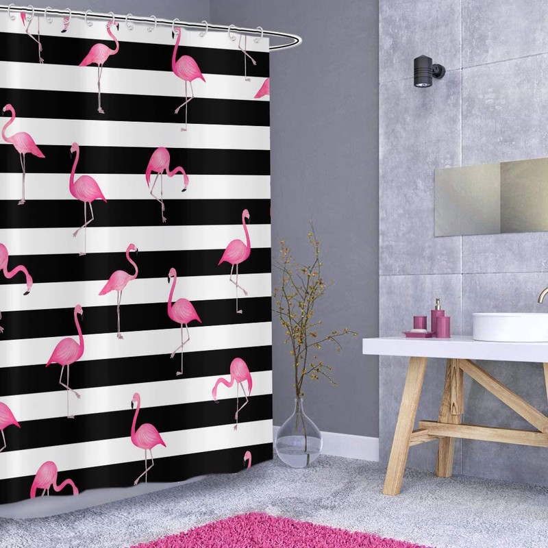 GCIREC Flamingo Shower Curtain, Black White Stripe with Hot Pink