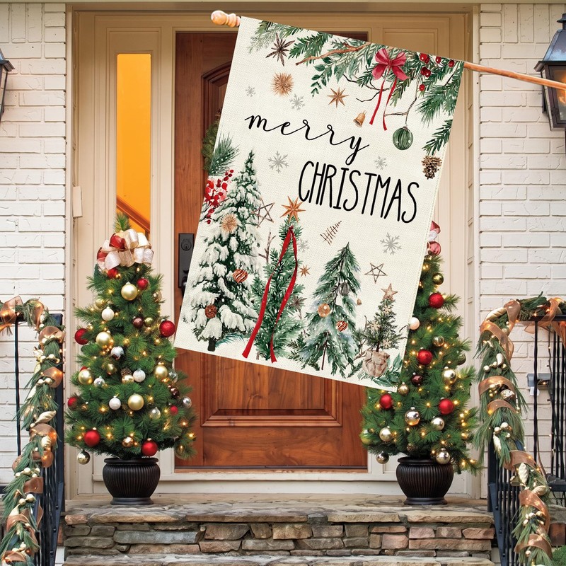 Christmas House Flag 28x40 Inch Large Winter Pine Trees Farmhouse