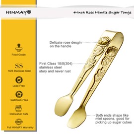 HINMAY 6PCS Mini Serving Tongs 4 Inches Small Rose Sugar Cube Tongs (Gold)