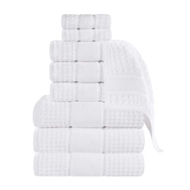 Superior Cotton 9-Piece Towel Set, Zero Twist, Waffle Border, Bathroom Essentials, Shower, Spa, Luxury Plush Soft Absorbent Towels, Includes 3 Bath, 3 Hand, 3 Washcloth/Face Towels, White