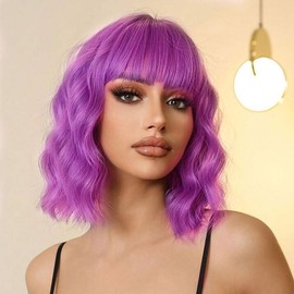 HairOccult Purple Wig with Bangs for White Women Shoulder Length Dark Purple Wigs Loose Curly Synthetic Wigs for Cosplay Costume Party Colorful Bob Wig for Girl