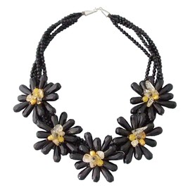 Simulated Black Onyx & Citrine & Cultured Freshwater Pearl Flower Collar Necklace