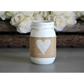 Spring Decor White Heart Painted Mason Jar | Wedding Table Decoration Burlap Rustic Theme