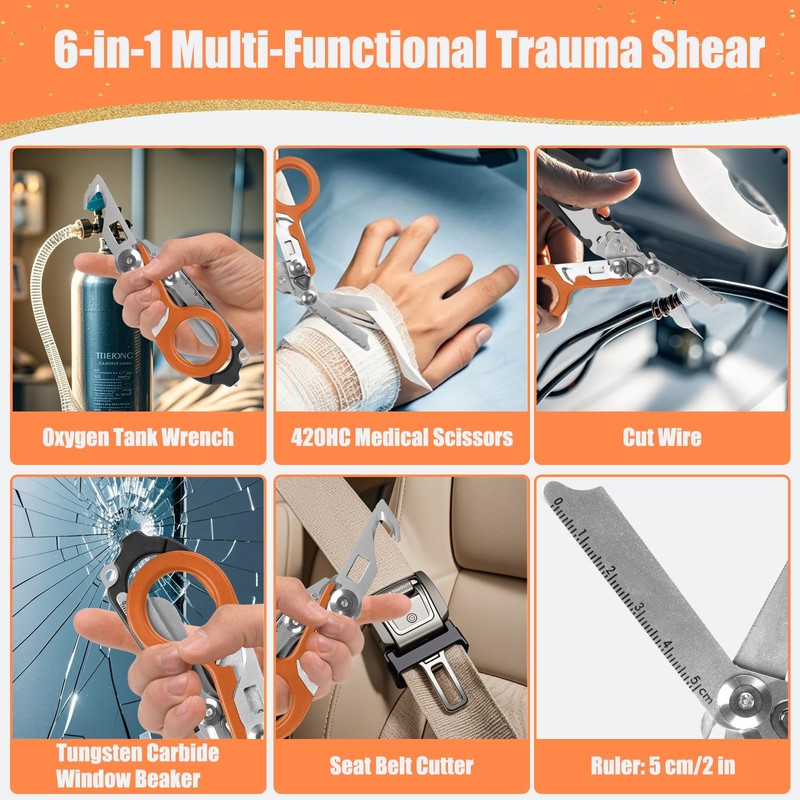 6 in 1 Multi-Function Foldable Trauma Shears with Compatible Holster,