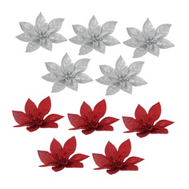 iplusmile 10pcs Glitter Artificial Christmas Flowers Red Silver Tree Hanging Pendants Reusable Fake Floral Decorations for Xmas Wreath Garland Fireplace Party