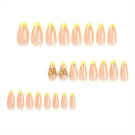 BAOYAALIN Almond Press on Nails Short Medium French Tips Yellow Fake Nails with 3D Gold Butterfly Gel Glue on Nails for Women Girls Acrylic False Stick on Nail Manicure Decorations for Wedding 24Pcs