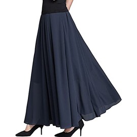 [syvent] Women's Chiffon Maxi Skirt, Spring, Summer, Elastic Waist, Lined, Flared Skirt, Long Skirt, navy