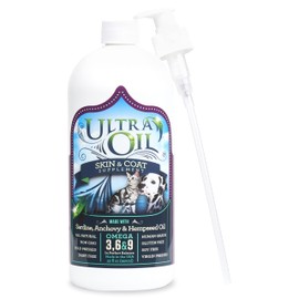 Ultra Oil Dog & Cat Supplement with Hemp, Flaxseed & Fish Oils - 32oz - For Dry Skin, Dull Coat, Hot Spots, Dandruff, Allergies | Ultra Oil Skin & Coat Supplement