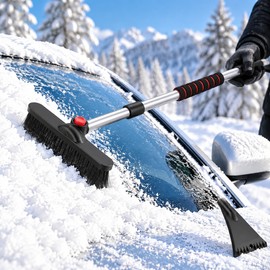 Extendable Snow Brush and Ice Scraper for Cars – 2-in-1 Winter Cleaning Tool with Rotating Brush Head and Foam Grip