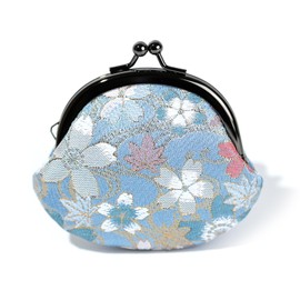 Kyoto Geimidou Nishijin Textile Wallet, 2.6 inch (2.6 cm) Purse Handmade, Japanese Pattern, Made in Japan, Blue Cherry Blossom