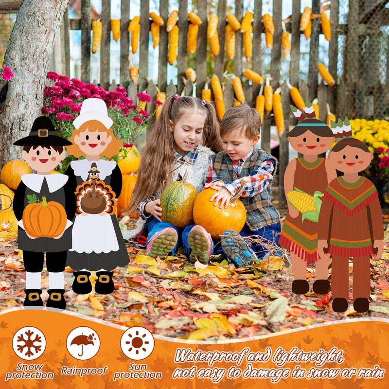 Barydat 4 Pcs Thanksgiving Pilgrim Boy and Girl Yard Sign