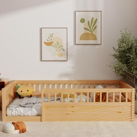 HMHKHN Twin Size Montessori Floor Bed with 19.6 inches Heightened Safe Fence and Door, Wooden Toddler Playhouse Bed with Safety Guardrails for Baby Kids Boys Girls Teens, Not Include Slats (Natural)