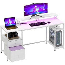 HOMCOM 61" Computer Desk with LED Lights, Power Outlets, USB Ports, Gaming Desk with Storage Shelves, Monitor Stand, Fabric File Cabinet Drawer & Remote for Home Office Study, Distressed White