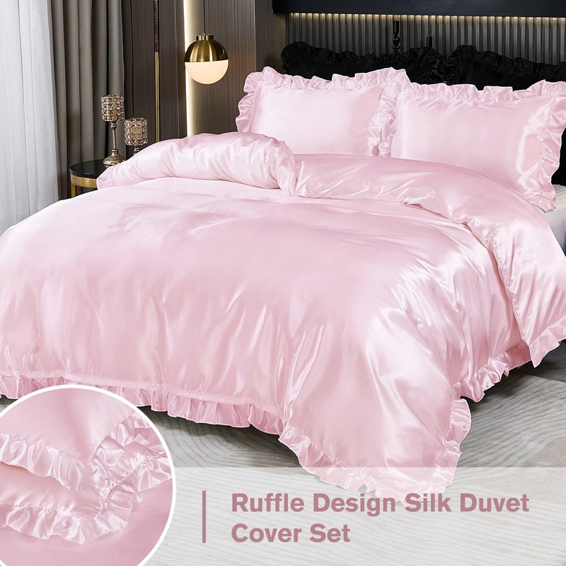 Guchuang Bedding Pink Silk Bedding Set with Ruffle Duvet Cover