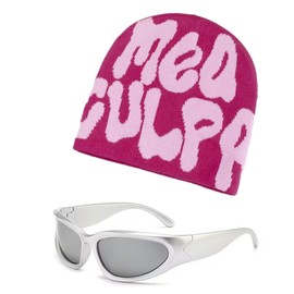 Atvscay Women Beanie Hat with Fashion Technology Feeling Y2k Glasses Beanie Hip Hop Knitted Letter Jacquard Hat Elastic Skull Cap (M Plum Pink)