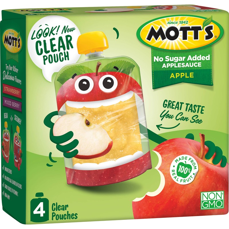 Mott's No Sugar Added Applesauce, 3.2 oz Clear Pouches, 4Count