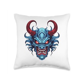 Scary Blue Yokai Oni Mask Japanese Anime Warrior Throw Pillow