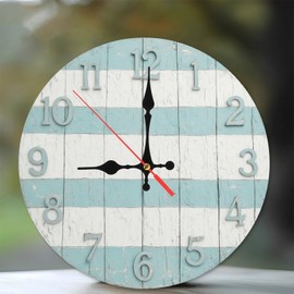 Rustic Farmhouse Style Wall Clock Blue White Wood Decor 10-Inch Wooden Wall Clock, Silent Movement, Battery Operated (AA Batteries Not Included), Artistic Home Decor, Perfect for Home Accents