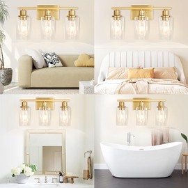 Apenath Gold Bathroom Wall Lights Brushed Brass 3-Light Vanity Light Fixtures Modern Wall Sconces with Clear Glass Shade, Bathroom Wall Lamp for Mirror Kitchen Bedroom Hallway Cabinet Porch