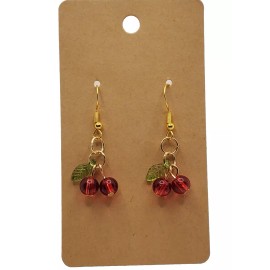 Handmade Cherry Earrings Red Gold Tone Glass 3D Sterling Silver Dangle Handmade