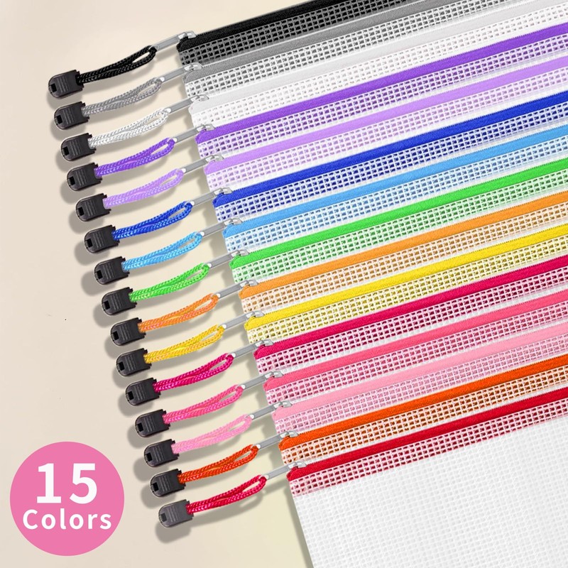 15 Pack Large Mesh Zipper Pouch Bags, 15 Colors A3