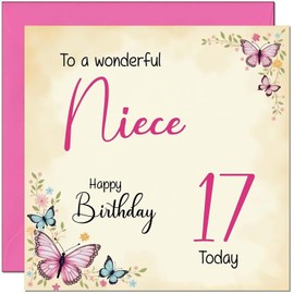 17th Niece Birthday Card - Beautiful Butterfly Floral Nieces Birthday Card for 17 Year old teenage Kids seventeen, seventeenth