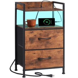 Somdot 2 Drawers Nightstand with Charging Station and LED Light for Bedroom, Small Dresser with Fabric Bins for Bedside Kids Dorm Room Closet Laundry Entryway, Wood Grain Print
