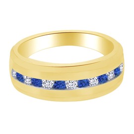 AFFY Round Simulated Blue Sapphire & White CZ Wedding Band Men in925 Sterling Silver Ring Size-10.5