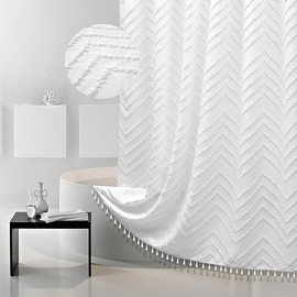 Boho Shower Curtain White Tassel Woven Fabric Shower Curtain Modern Farmhouse Textured Tufted Chevron Striped Minimalist Bathroom Hotel 72 x 72 White