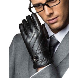 YISEVEN Men's Touchscreen Lambskin Winter Genuine Leather Gloves Fleece Lined Warm Fur Cuffs Lining Driving Dress Heated Cold Weather Christmas Gifts, Black 9"/M