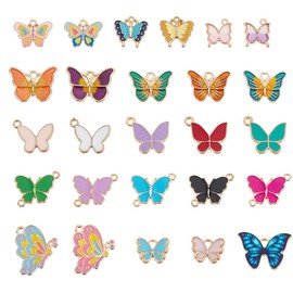 HOBBIESAY 52Pcs Butterfly Charms Bulk Assorted Butterfly Pendants Metal Enamel Gold Edge Butterflies Charms 26 Styles for Women DIY Bracelet Necklace Jewelry Making Crafts Hole: 1.2-2mm