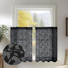 OVZME Textured Black Kitchen Sheer Curtain Tiers 36 inch Length 2 Panels Set, Elegant Farmhouse Short Sheer Dining Curtains for Small Windows/Bathroom/Cafe/Living Room, Dual Rod Pocket, W38 x L36 Inch