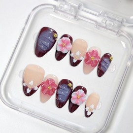 Almond Press on Nails Short Fake Nails with 3D Flower French Glue on Nails Designs Handmade Press on Nails Wine Red Glossy False Nails Full Cover Thick Acrylic Nails for Women DIY Nails (S)