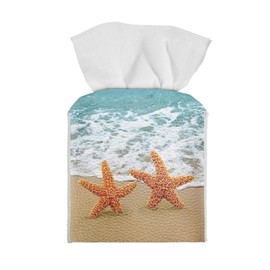 Pzuqiu Beach Starfish Tissue Box Cover PU Leather Tissue Holder Square Facial Tissue Case Paper Organizer Dispenser for Bathroom Vanity Countertop Tabletop Car