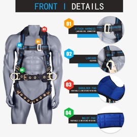 FHFallArrest Fall Protection 5pt Full-Body Safety Harness, Vented & Padded Shoulder, Back & Legs, 8” Thick Back Support, Tongue Buckle, D-Rings, Grommet Leg Straps & Waist Belt (OSHA/ANSI Rated PPE)
