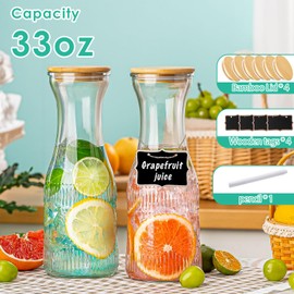 wookgreat Glass Carafe Pitchers with Lids, Set of 4 1 Liter Embossed Designed Beverage Pitcher Carafe Set for Mimosa Bar, Juice Container for Brunch, Cold Water, Juice -With 4 Wooden Chalkboard Tags