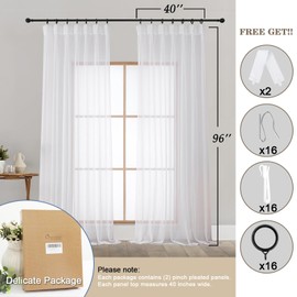 OWENIE White Pinch Pleated Sheer Curtains 96 Inches Long for Bedroom Living Room, Modern Soft Airy Solid Light Filtering Window Curtains, Pinch Pleated Sheer Window Treatments, White, Each 40x96 Inch