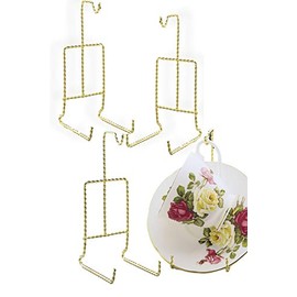 Twisted Gold Tea Cup and Saucer Holder - Set of 4 Brass Stands Display for Collectible Teacups and Saucers - Fine China - 6.5"H